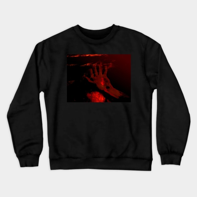 Digital collage, special processing. Hand laying on some wet surface. Psychedelic. Very hot orange. Light in center of palm. Crewneck Sweatshirt by 234TeeUser234